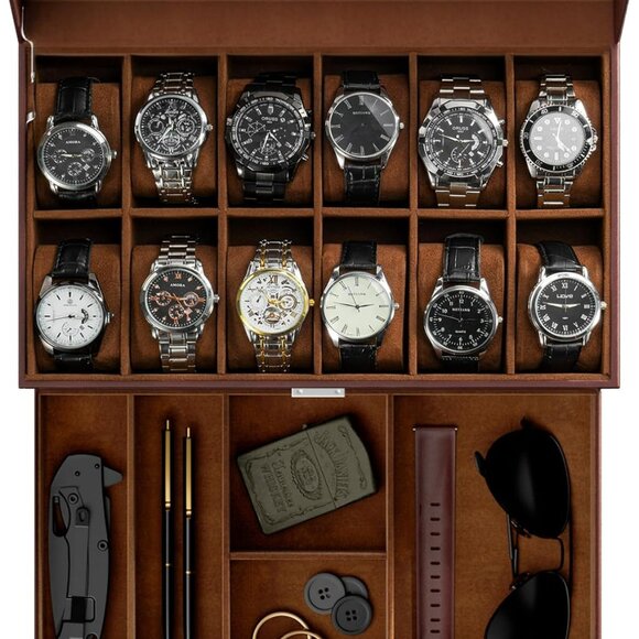 Watch Box for Men 12 Slot Mens Watch Case With Drawer Watch Display Case With